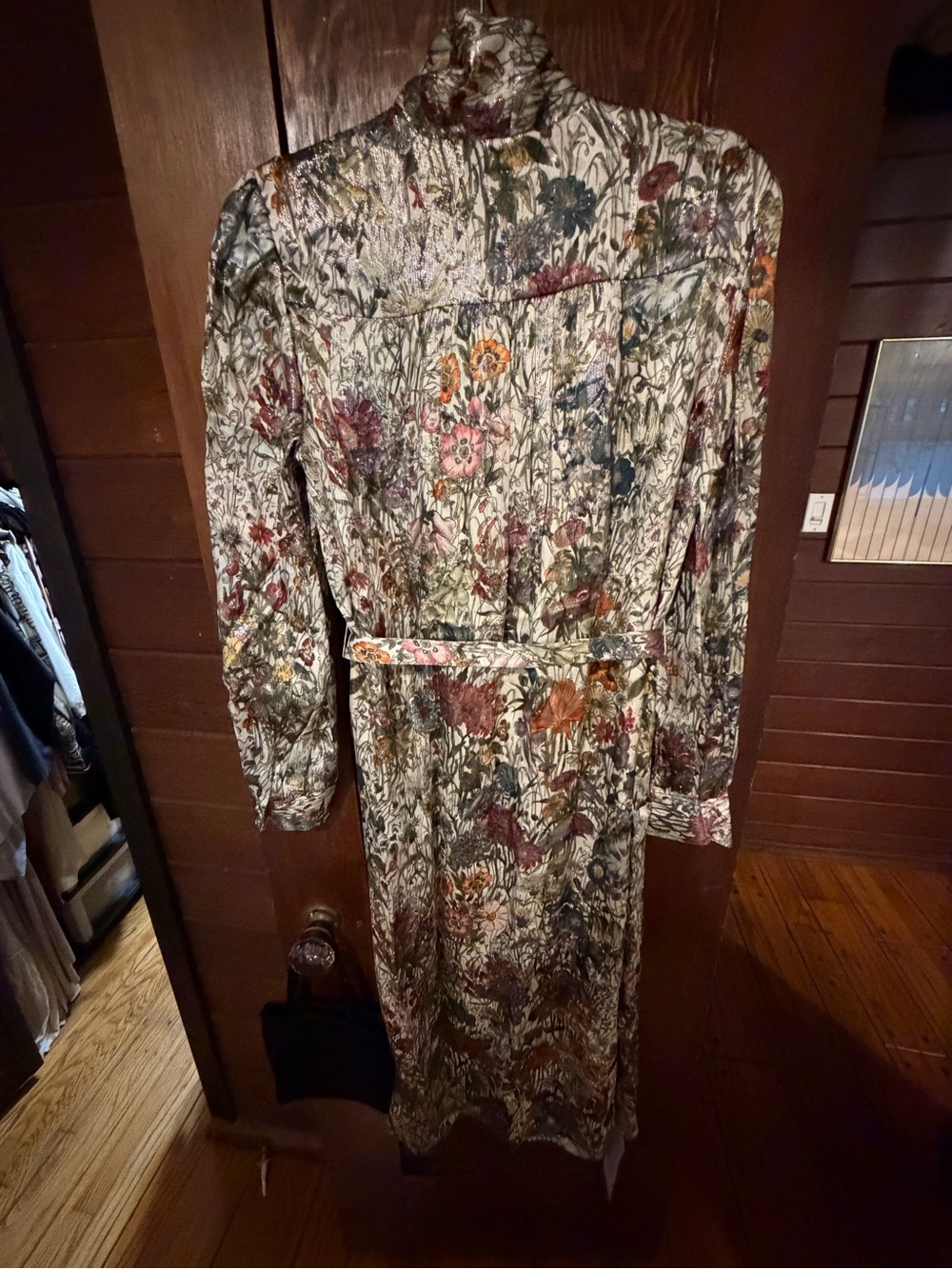 Tory Burch Cream Floral Metallic Long-Sleeve Belted Midi Dress Silk Blend - Picture 5 of 10